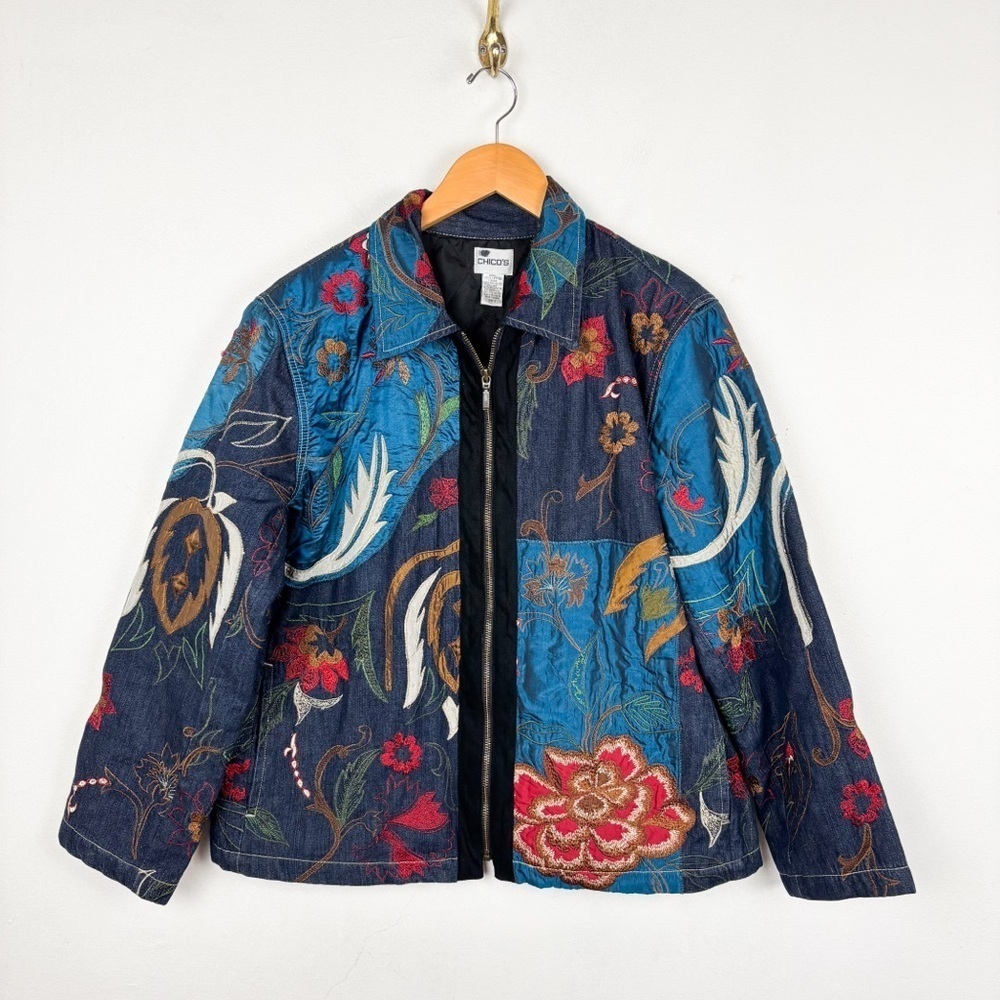Vintage Y2k 90s Chico’s Eclectic Embroidered Patchwork Denim Jacket Sz 2 (Us L)